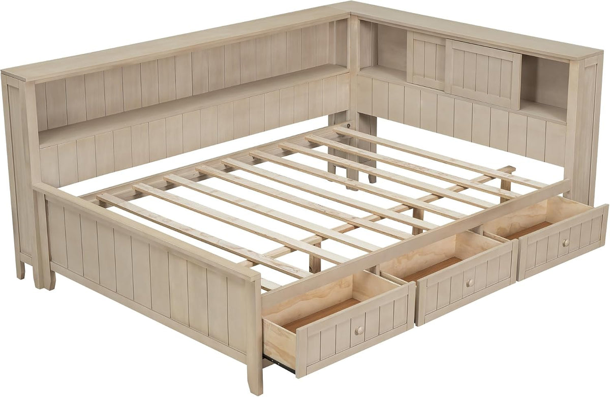 Merax Corner Full Bed Frame with Bookcase Storage, Wood Platform Bed Frame with 3 Drawers, Full Size Daybed with Storage for Living Room,Bedroom,Guest Room, Antique White
