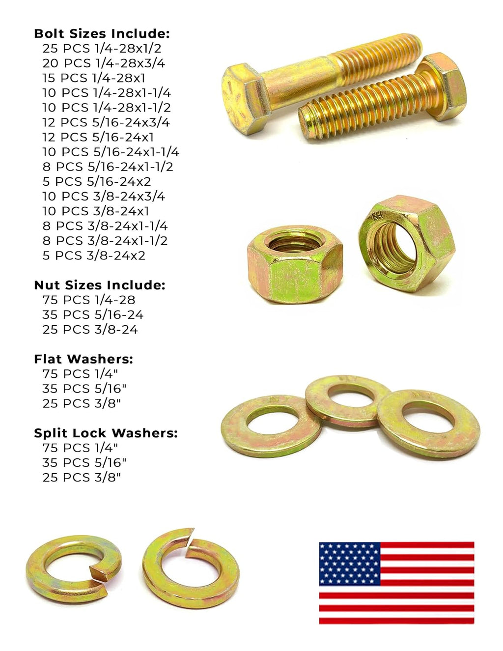 BoltsandNuts.com USA Made Grade 8 FINE Thread Hex Cap Bolts Screws, Finished Hex Nuts, Washers, Lock Washers Assortment Kit - 574 Pieces!