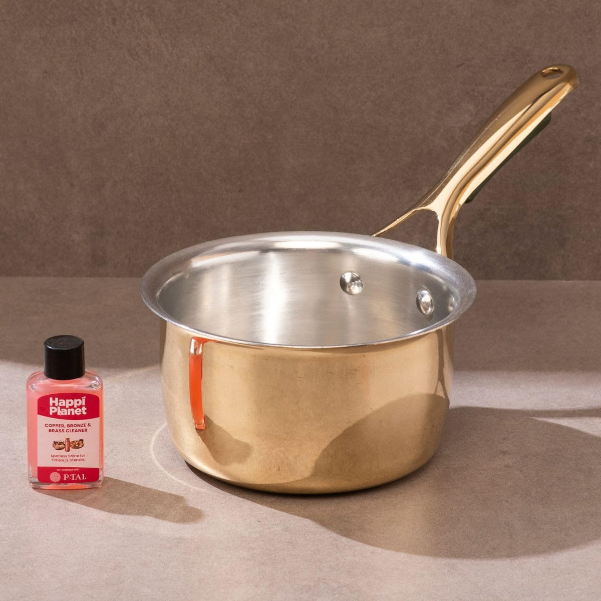 P•TAL Brass Saucepan 1.2 Qts with Insulated Heat-Resistant Handle | Tin Coated, Chemical-Free and Non-Stick Tea Pan (Free 30ml Copper & Brass Cleaning Solution)