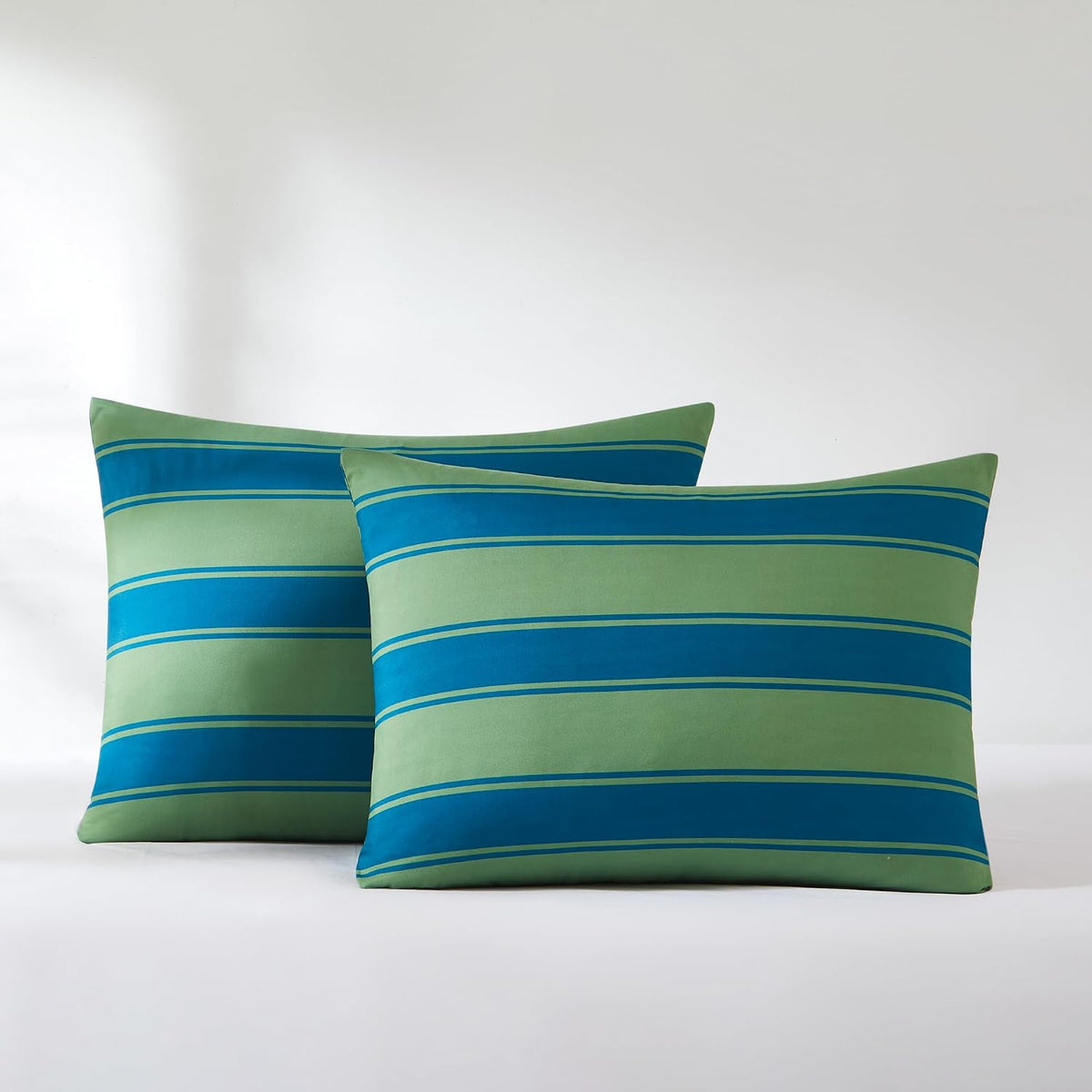 Lush Decor Gale Cabana Stripe? Reversible Comforter 3 Piece Set Full/Queen Blue & Sage - Striped Bedding Set - Green Comforter - Modern Coastal Decor