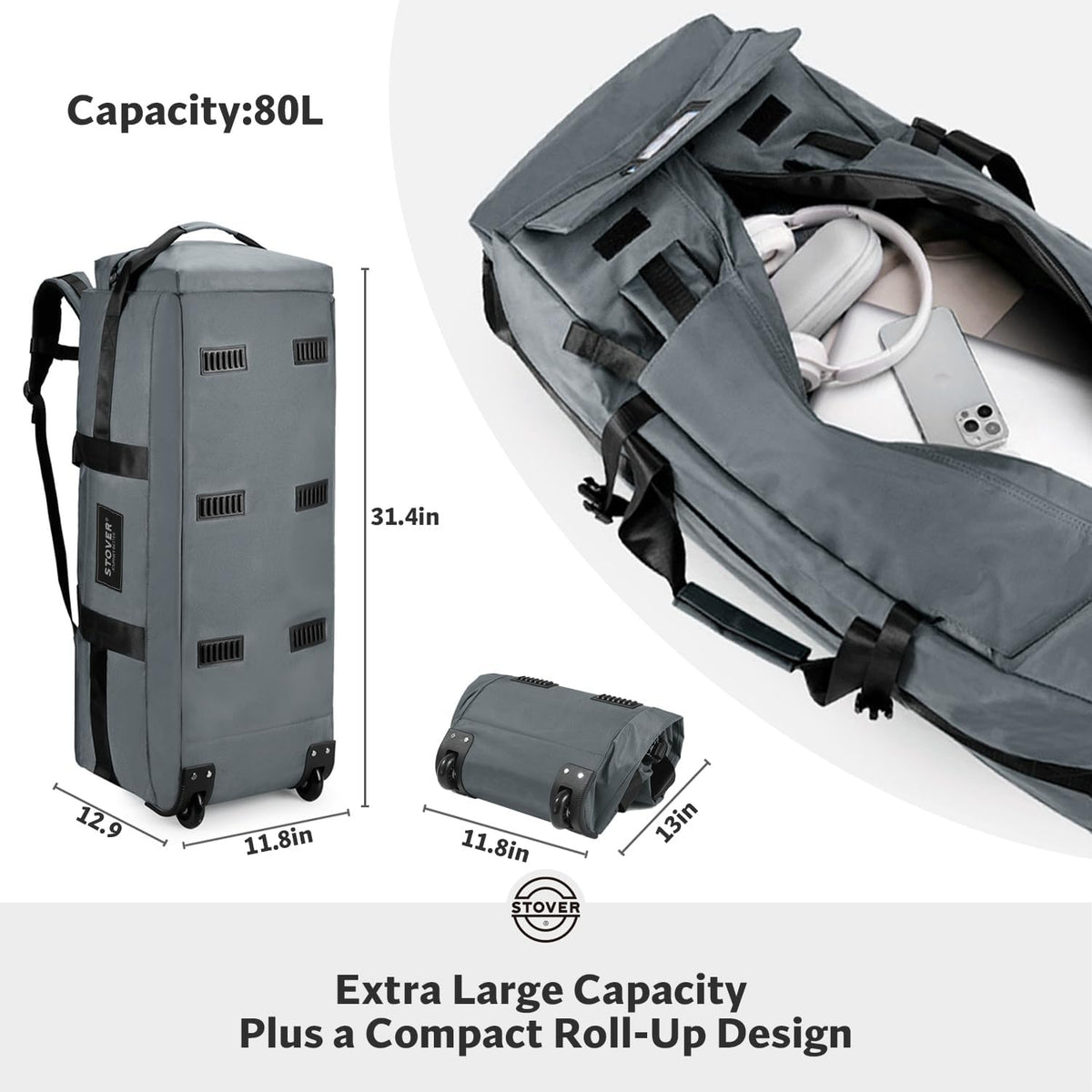 STOVER 45/80/100L Rolling Duffel Bag with Wheels, Large Durable Travel Duffle + Toiletry Bag, Heavy Duty, Packable, Foldable with Shoulder Straps- Use as Luggage or Backpack, Men/Women (Grey)