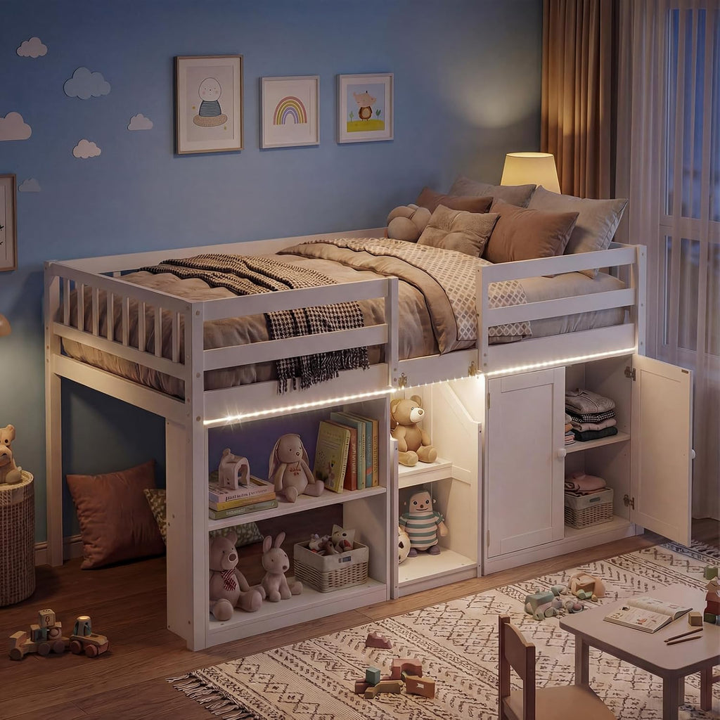 Giantex Low Loft Bed Twin Size with LED Lights, Wooden Bed Frame w/Stairs, Safety Guardrails, Storage Cabinet, Bookshelf & Under-Bed Play Space, Modern Kids Loft Bed for Boys Girls (White)