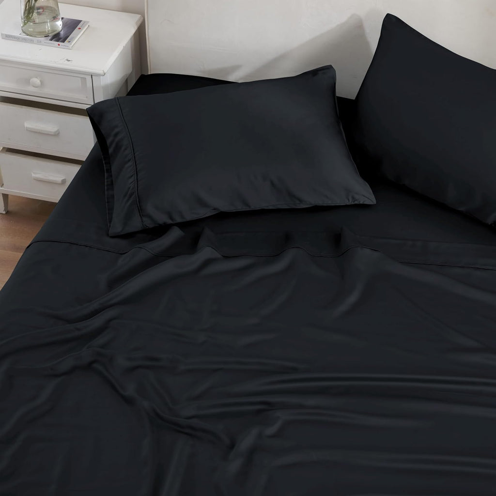 Superior Modal from Beechwood 300 Thread Bed Sheet Set, 1 Elastic Deep Pocket Fitted Sheet, 1 Flat Sheet, 1 Pillowcase, Soft Cool Sheets, Sateen Weave, Bedding Essentials, Twin XL, Black