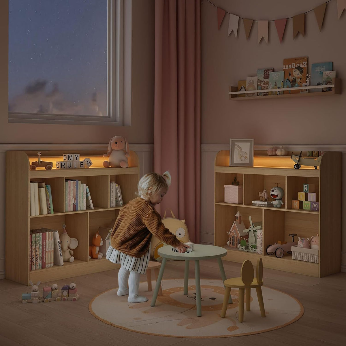 Lkeiyay Open Shelf Kids Bookcase,Montessori Toy Organizer with LED Lights - Oak Wooden Open Bookcase for Kids, Bedroom, Back to School,Playrooms & Nurseries