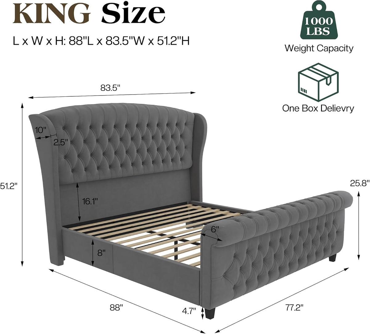 LUXOAK King Size Platform Bed Frame, Velvet Upholstered Sleigh Bed with Curved Headboard & Footboard, Deep Button Tufted, Wood Slats Support, No Box Spring Needed, Grey