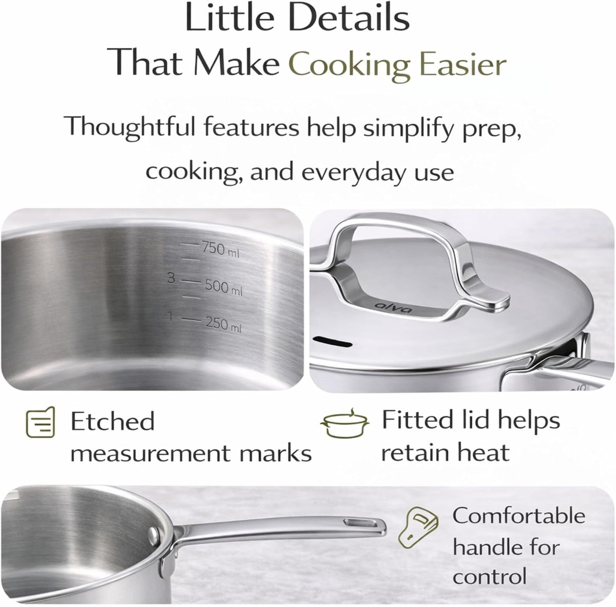 Alva Maestro 1.7 Qt Stainless Steel Saucepan with Lid, Durable Everyday Sauce Pot for Sauces, Grains, Oatmeal & Small-Batch Cooking, Induction Compatible, Oven Safe, Lazered Measurement Marks