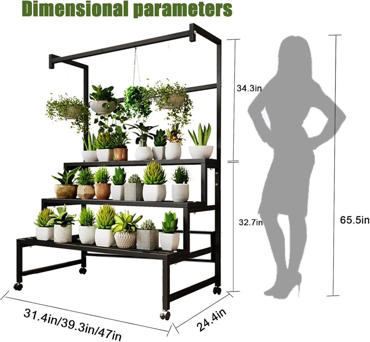 4Tier Sturdy Metal Plant Stand with Wheels, 39.9x24x65 Inch HighBlack Multiple Tiered Flower Display ，Heavy Duty Succulent Shelf for Home Indoor and Outdoor，Stair Shape，440 LBS Capacity (39in)