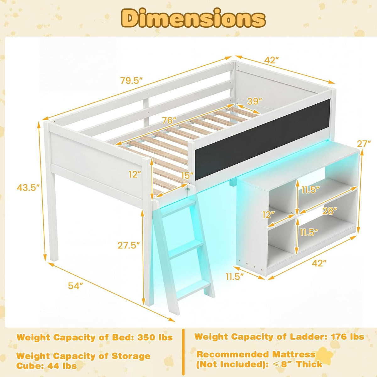 Giantex Low Loft Bed with LED Lights, Twin Size Bed Frames for Kids w/Chalkboard, Removable Bookcase & Under-Bed Storage Space, Wood Loft Beds with Stairs, Safety Guardrail for Girls Boys (White)