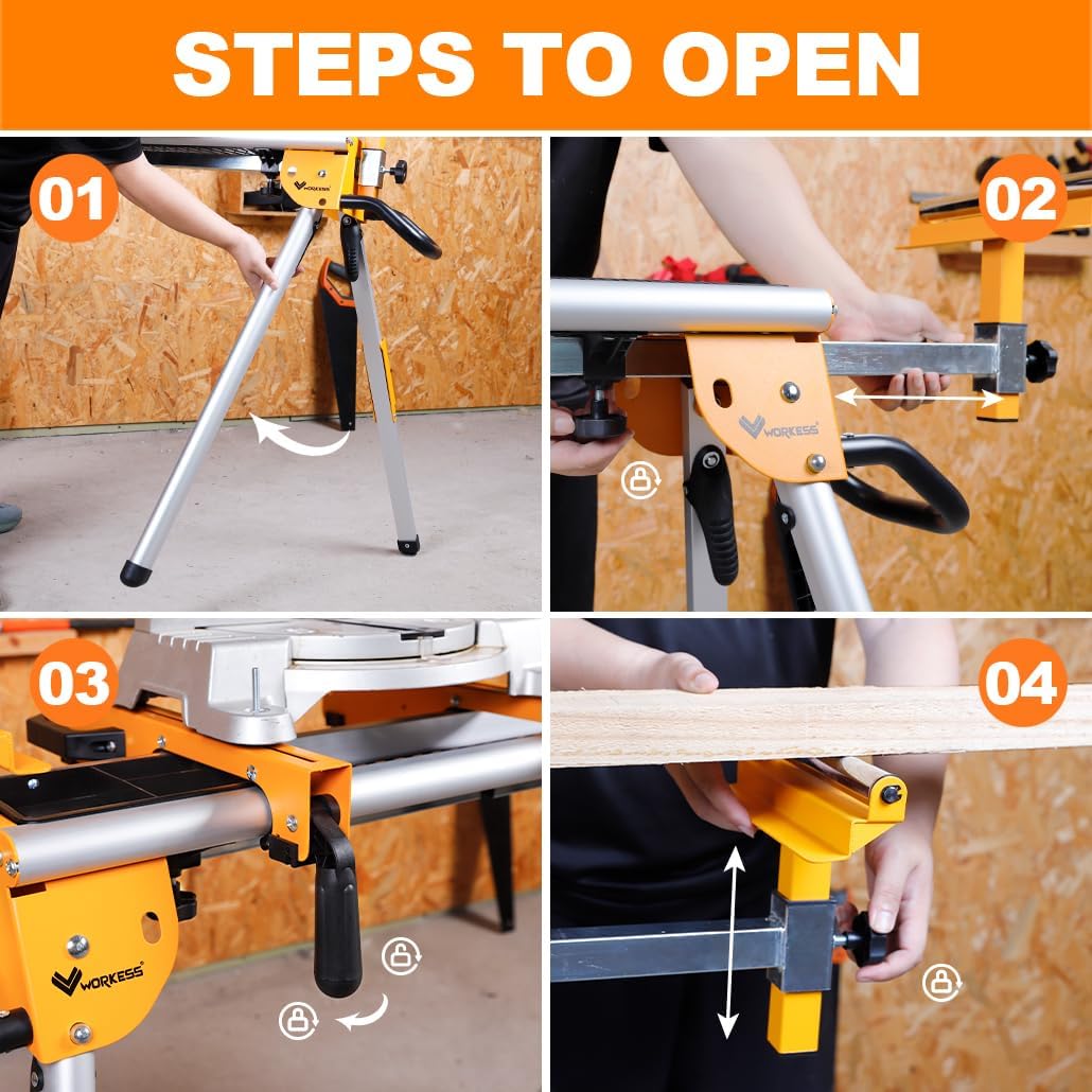 WORKESS Portable Miter Saw Stand with 6.75 in Wheels 330 lbs Load Capacity Heavy Duty Universal Mitre Saw Stand Tool Storage Trays WK-MS080