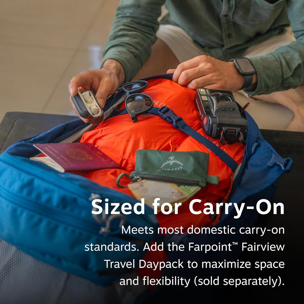 Osprey Farpoint 40L Men's Travel Backpack - Carry On Bag with Laptop Sleeve and Toiletry Pocket, Antique Blue