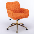 Plush Faux Fur Desk & Vanity Chair with Gold Base – Comfy Adjustable Girls Desk Chair, Makeup Chair, 360° Swivel, Tilt Backrest, Rolling Wheels – Modern Chic Home Office Seating,Orange