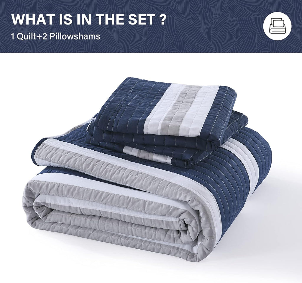 SahSahCasa Quilt King Size, 100% Cotton King Quilt Set, Navy Blue Striped Quilt, King Quilt Bedding Set Bedspreads, Lightweight Comforter for King Bed, All Season, Navy Blue, 3 Pieces