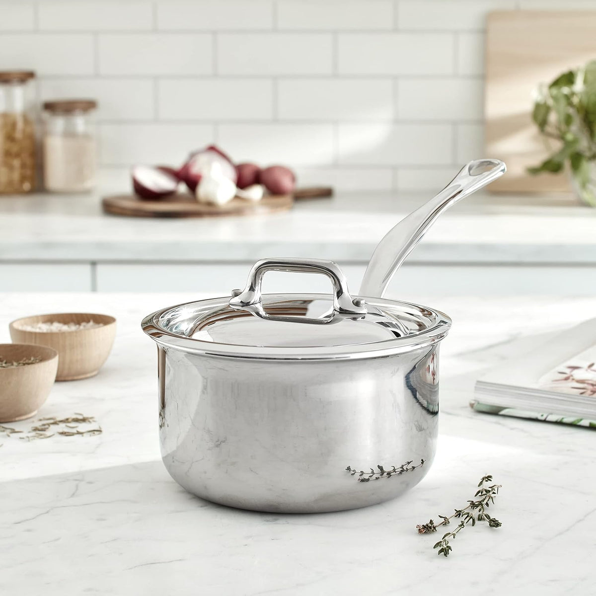 Mauviel M'Cook 5-Ply Polished Stainless Steel Sauce Pan With Lid, And Cast Stainless Steel Handle, 0.8-qt, Made In France