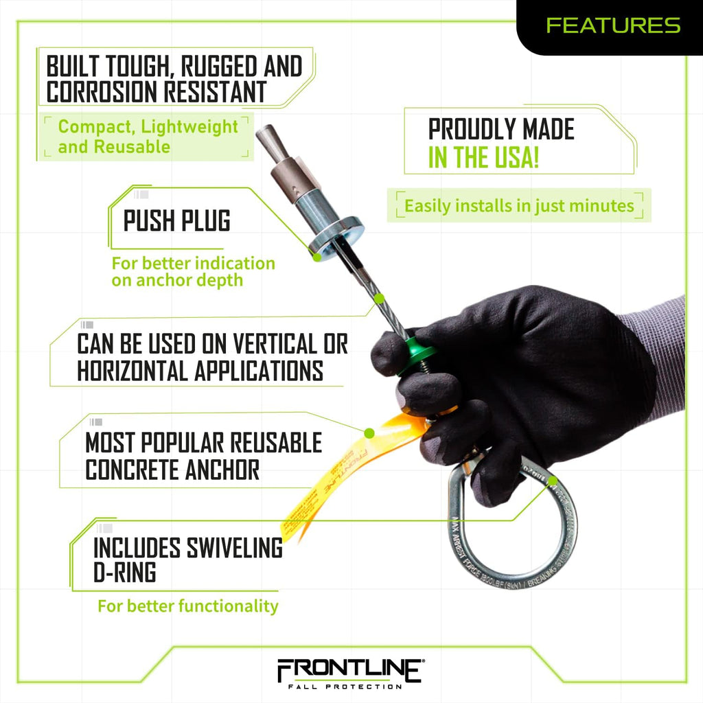 Frontline COB345KSV Reusable 5K Concrete Anchor Bolt with Swiveling D-Ring | ANSI, OSHA & EN Compliant | Built Tough, Rugged and Corrosion Resistant | OSHA & ANSI Compliant