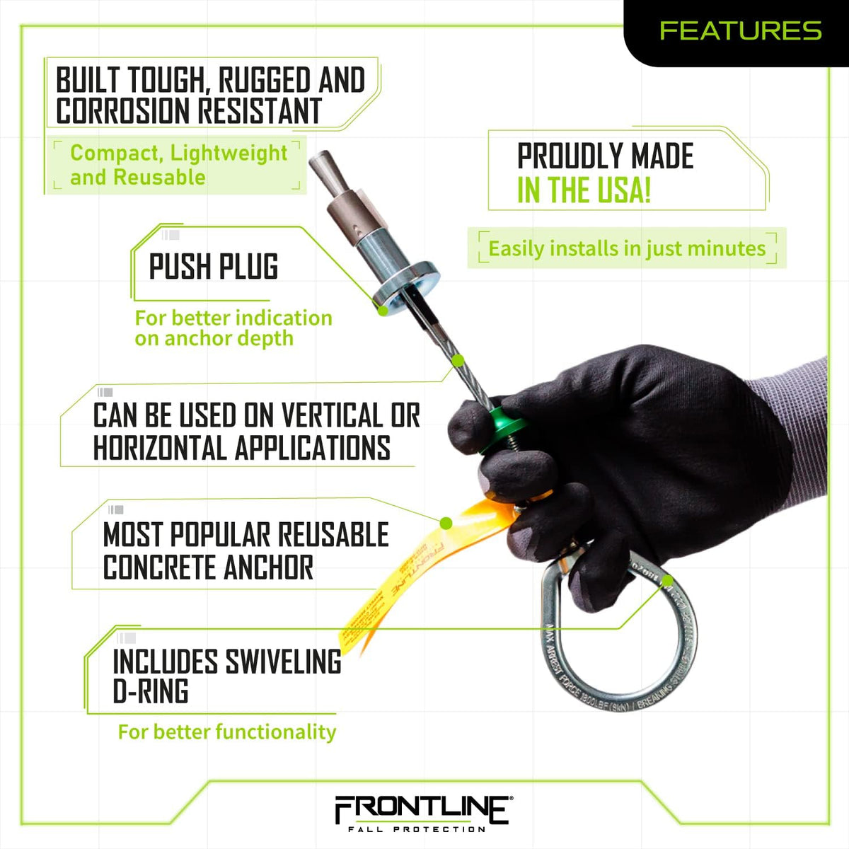 Frontline COB345KSV Reusable 5K Concrete Anchor Bolt with Swiveling D-Ring | ANSI, OSHA & EN Compliant | Built Tough, Rugged and Corrosion Resistant | OSHA & ANSI Compliant