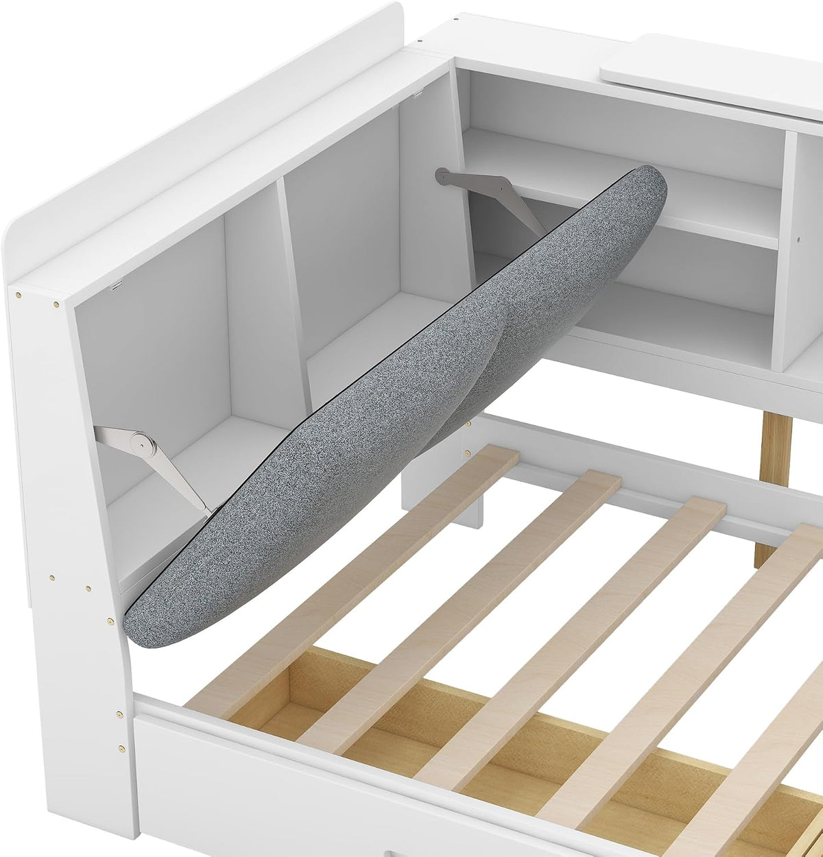 Merax Corner Twin Bed Frame, Wood Platform Bed with Storage Headboard, Twin Size Daybed with 2 Drawers and Rotatable Storage Board for Living Room,Bedroom,Guest Room,White