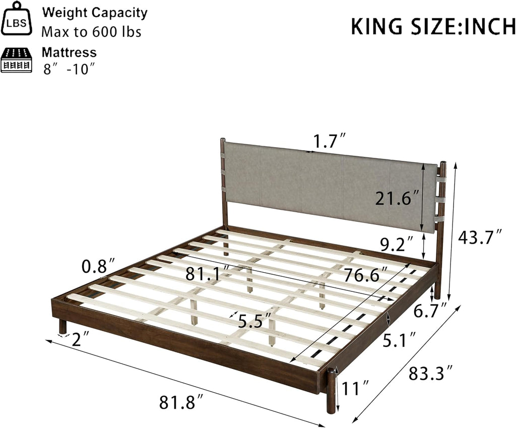 King Bedroom Set, King Size Platform Bed Frame with 2 Bedside Tables and Headboard Included, Mid Century Modern Wood Bed Frames, Slat Support (Light Gray + Walnut, King)