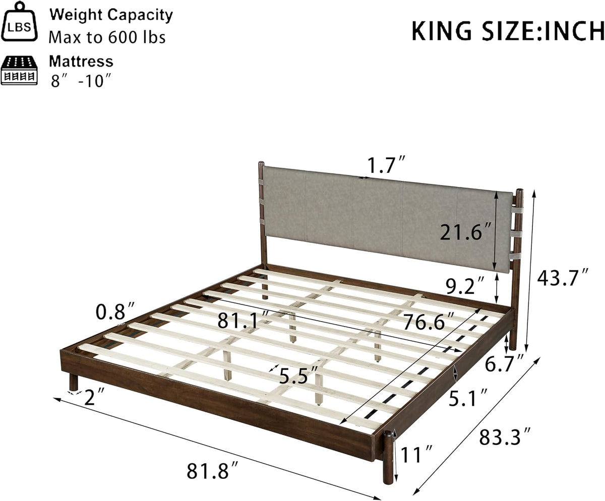 King Bedroom Set, King Size Platform Bed Frame with 2 Bedside Tables and Headboard Included, Mid Century Modern Wood Bed Frames, Slat Support (Light Gray + Walnut, King)