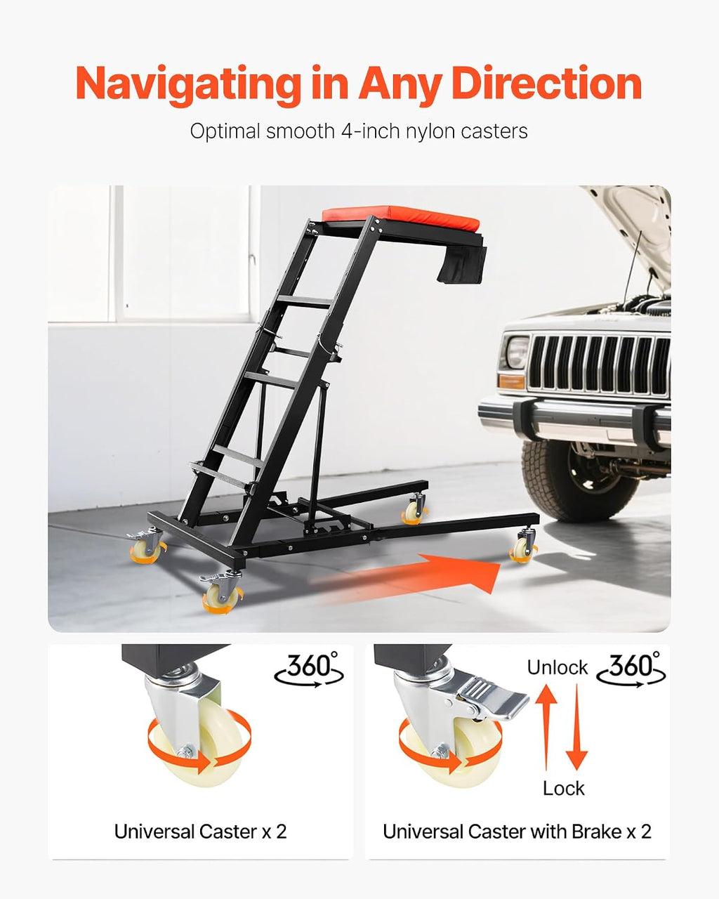VEVOR Automotive Topside Creeper, 400 LBS Capacity High Creeper with 48' to 76' Adjustable Height, 4 Swivel Caster Wheels, Heavy Duty Automotive Engine Creeper, Ideal for Auto Repair and Maintenance