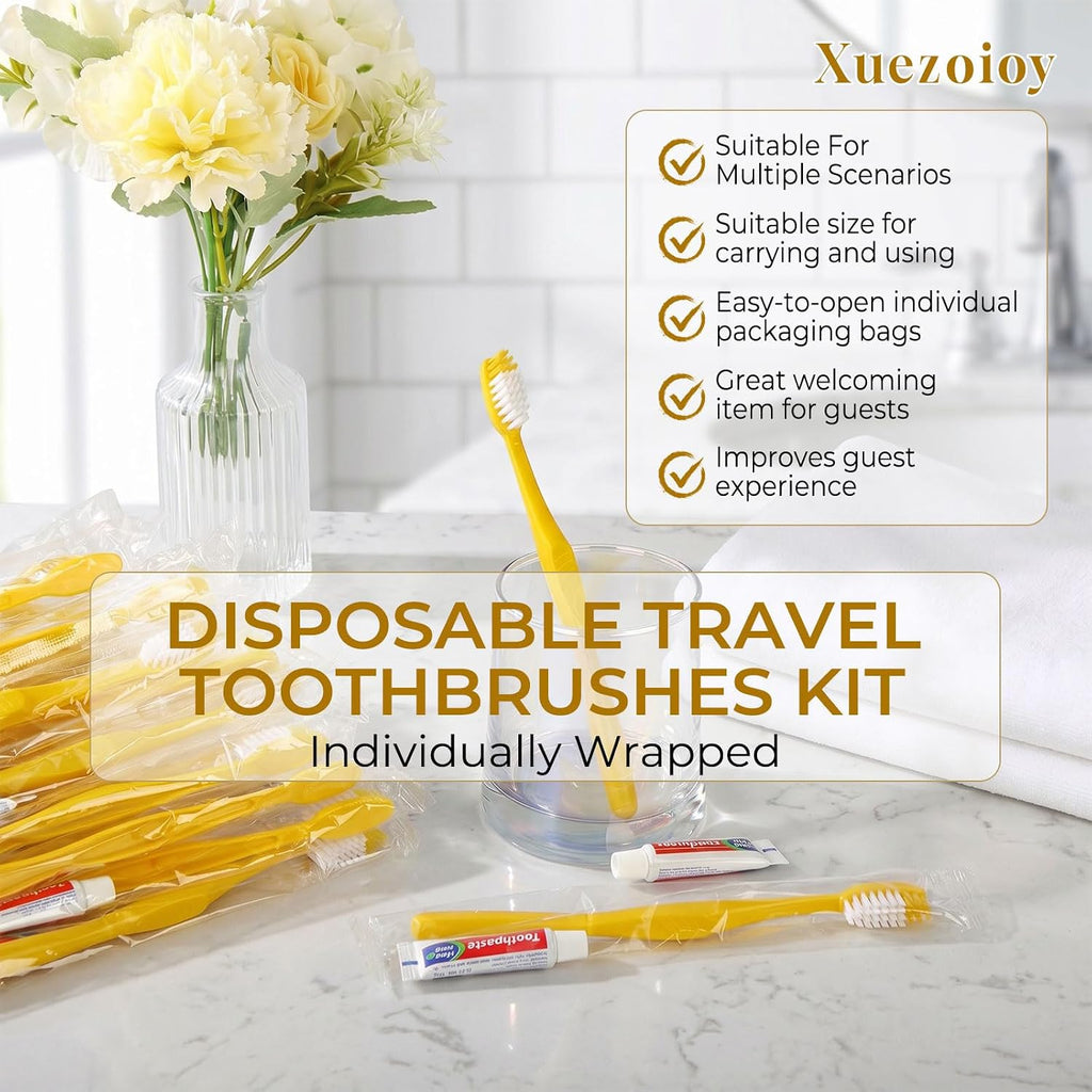 Disposable Toothbrushes with Toothpaste,1500 Pack Yellow Hollow Individually Wrapped Disposable Travel Toothbrushes Kit in Bulk for Homeless,Nursing Home,Hotel,Charity