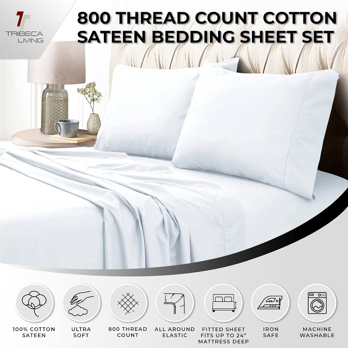 Tribeca Living Solid 800 Thread Count, Soft Egyptian Cotton Sateen King Size Bed Linen Set with 2 Sheets and 2 Shams Pillowcases, White