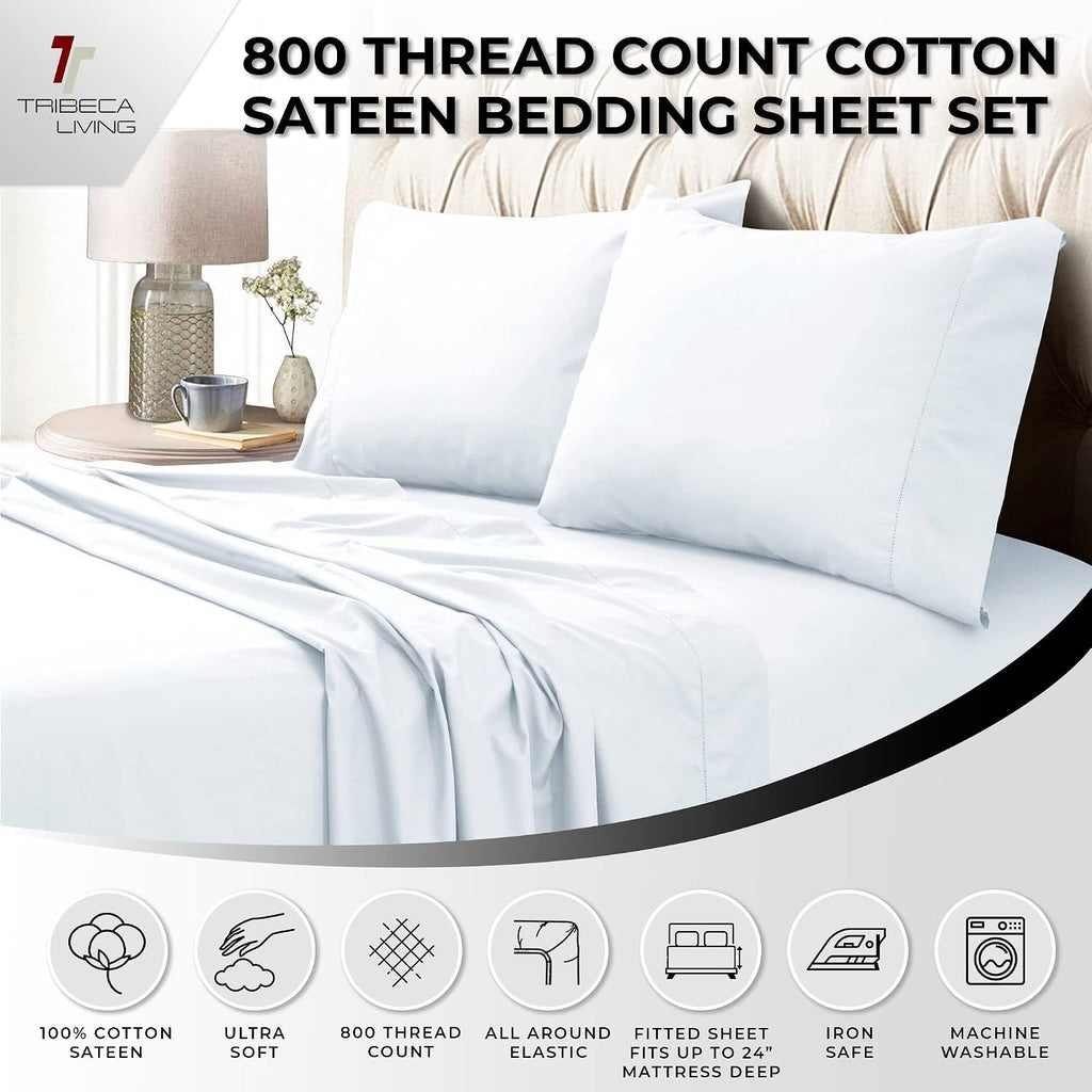 Tribeca Living Deep Pocket Cal King Size Sheet Sets - 800 Thread Count Egyptian Cotton Sateen California King Bed Sheets with 24-Inch Extra Deep Pockets, Oeko-Tex Certified, 4 Piece Set - White