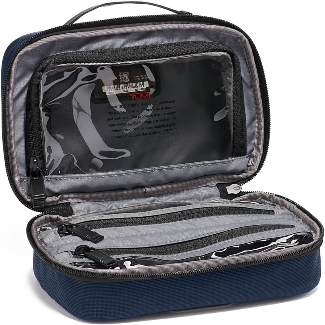 TUMI - Alpha Split Travel Kit - Compact Toiletry Bag for Men & Women - Features Removable Leather Handle & 3 Zip Pockets - Navy