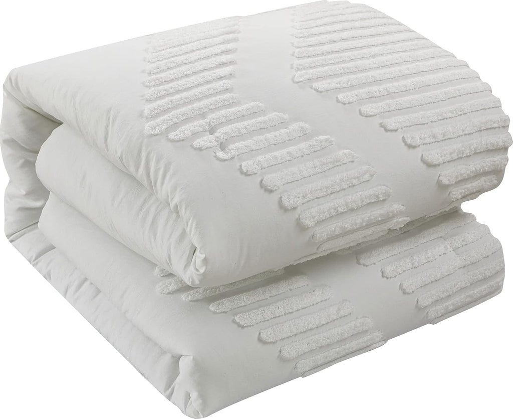Grand Avenue Tufted Embroidery Comforter Set Queen Size, 7 Piece White Fashion Bedding Set, Ultra-Soft, Pillows & Shams, All Season, Home Decor