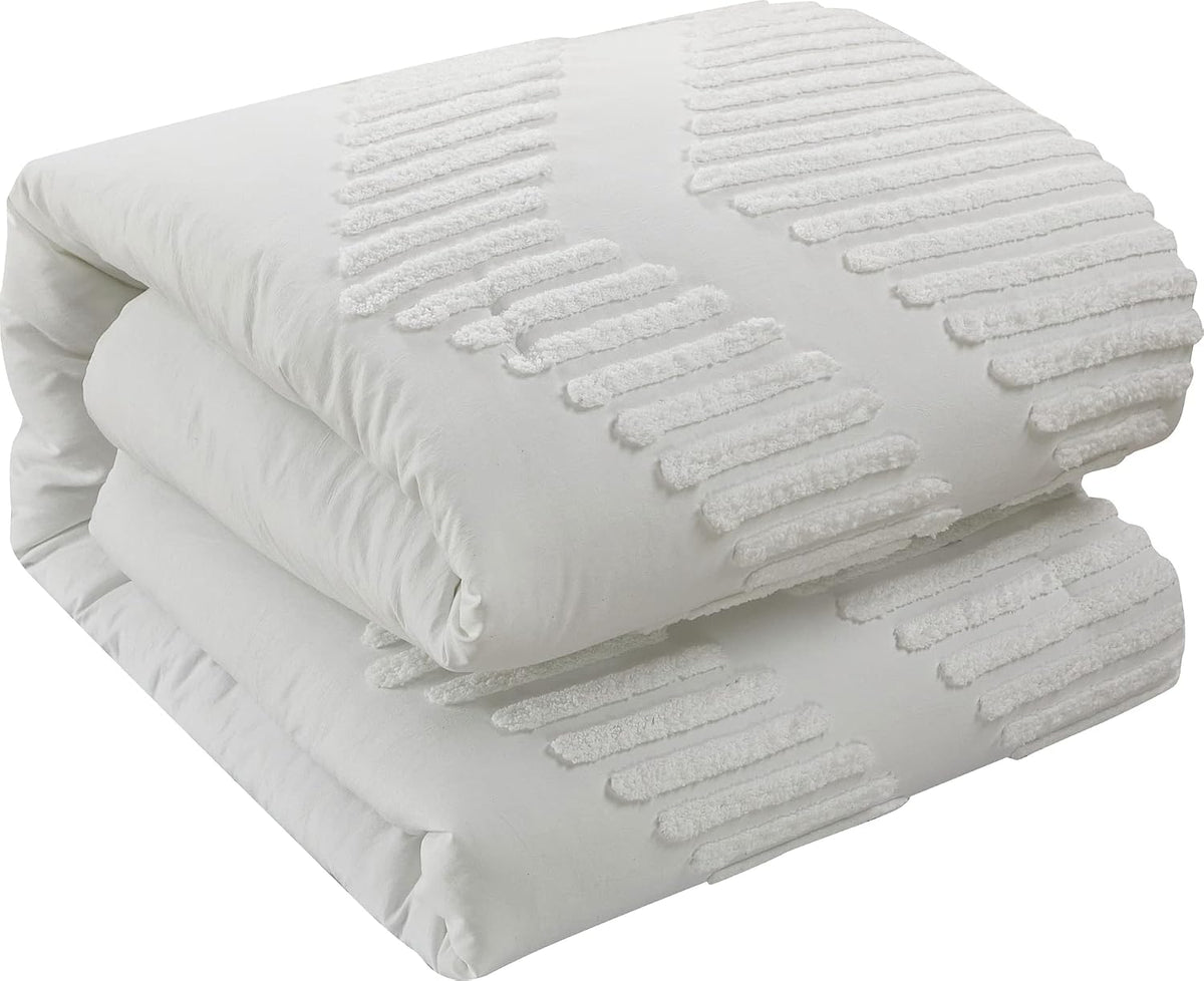 Grand Avenue Tufted Embroidery Comforter Set Queen Size, 7 Piece White Fashion Bedding Set, Ultra-Soft, Pillows & Shams, All Season, Home Decor