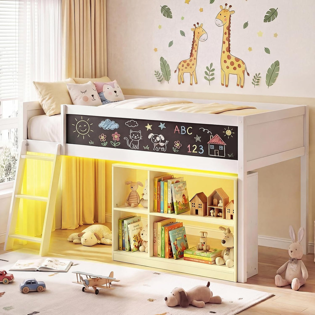 Giantex Low Loft Bed with LED Lights, Twin Size Bed Frames for Kids w/Chalkboard, Removable Bookcase & Under-Bed Storage Space, Wood Loft Beds with Stairs, Safety Guardrail for Girls Boys (White)