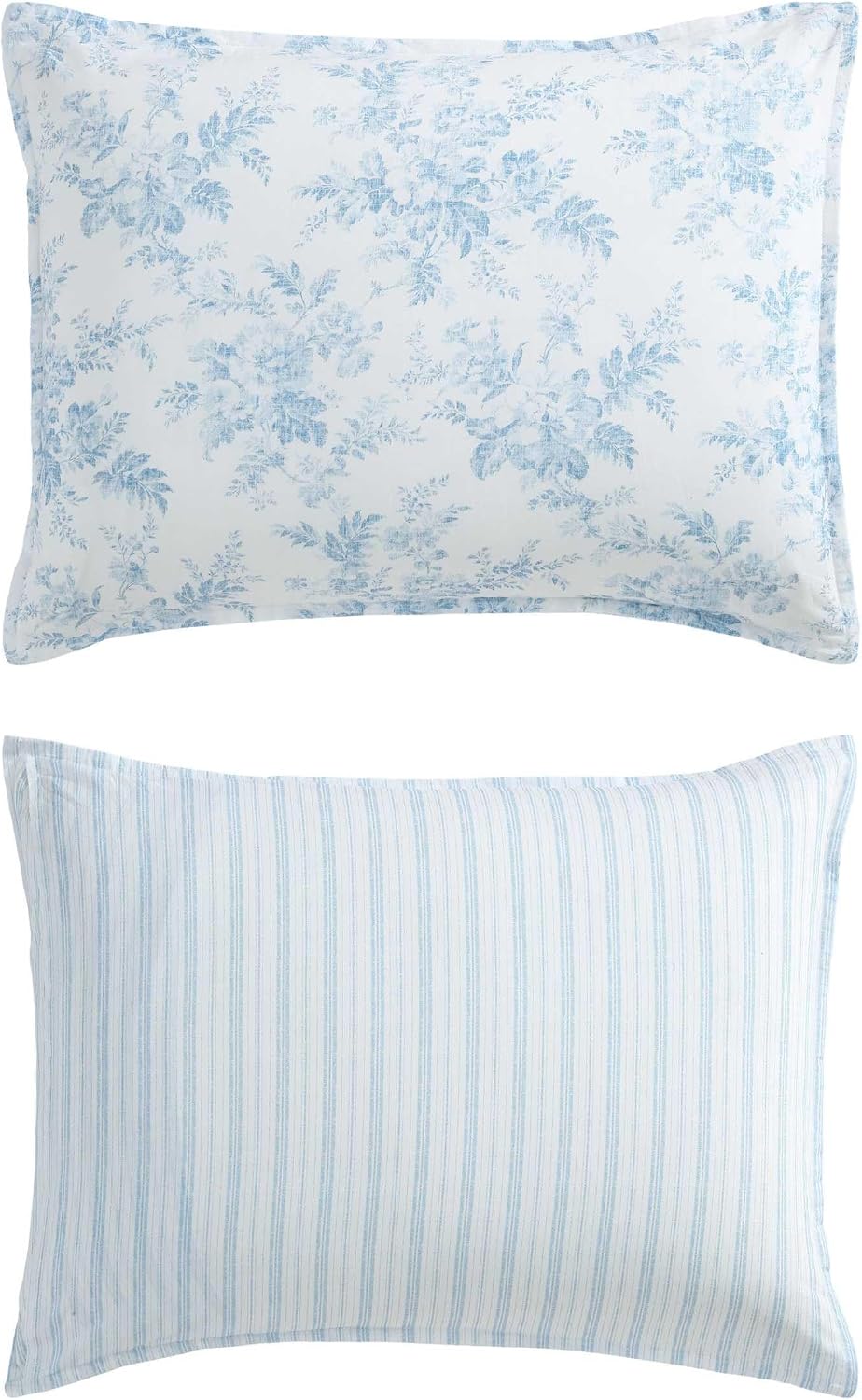 Laura Ashley - Twin Bonus Comforter Set, Soft Reversible Bedding Set, 5 Piece Bed Set with Matching Pillowcases, Euro Shams, & Throw Pillow Covers (Annalise Floral/Dilly Dally Stripe Blue)