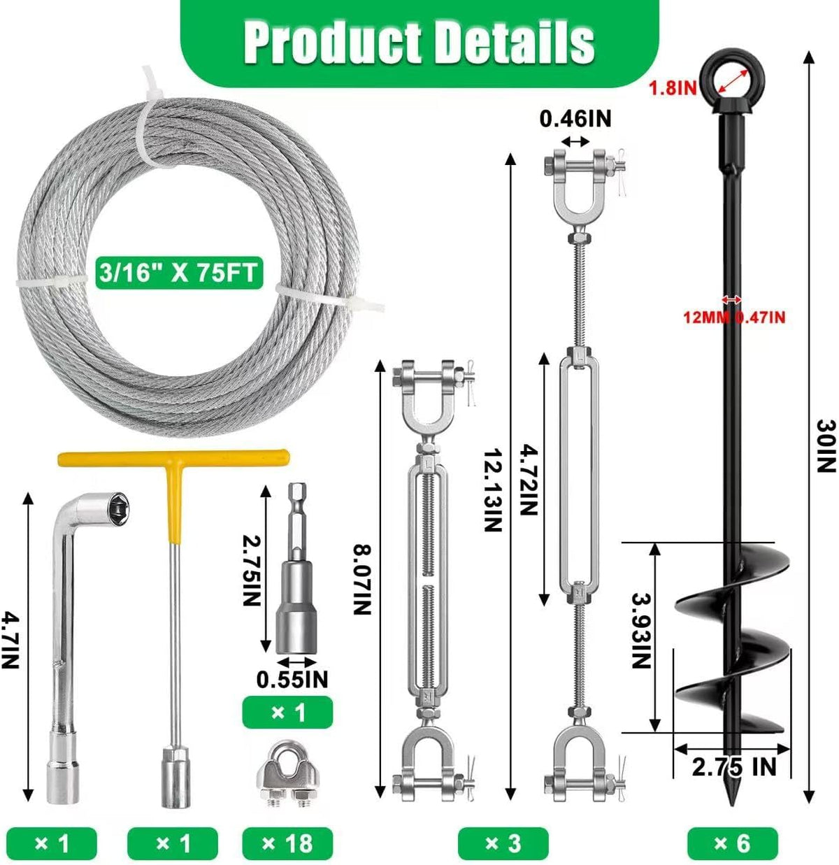 6 Pack 30' Heavy Duty Ground Anchors Shed Anchors Kit with 3/16' Galvanized Cable & 1/4' Jaw and Jaw Turnbuckle, Earth Anchors for Mobile Home Carport Gazebo Trampoline Swingset Tent