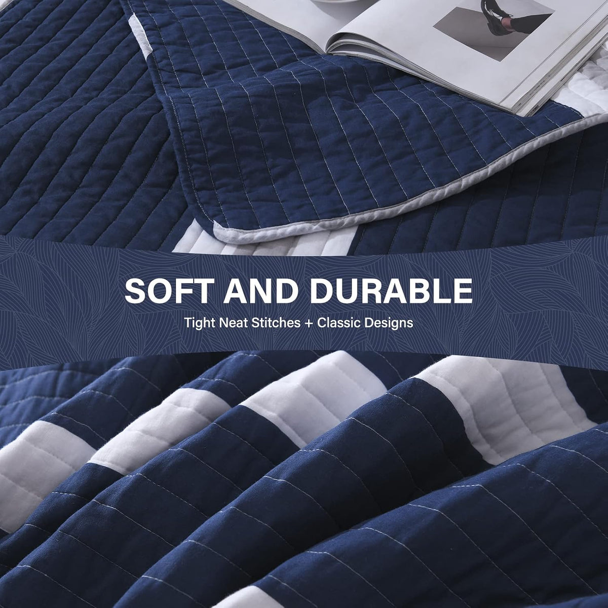 SahSahCasa Quilt King Size, 100% Cotton King Quilt Set, Navy Blue Striped Quilt, King Quilt Bedding Set Bedspreads, Lightweight Comforter for King Bed, All Season, Navy Blue, 3 Pieces