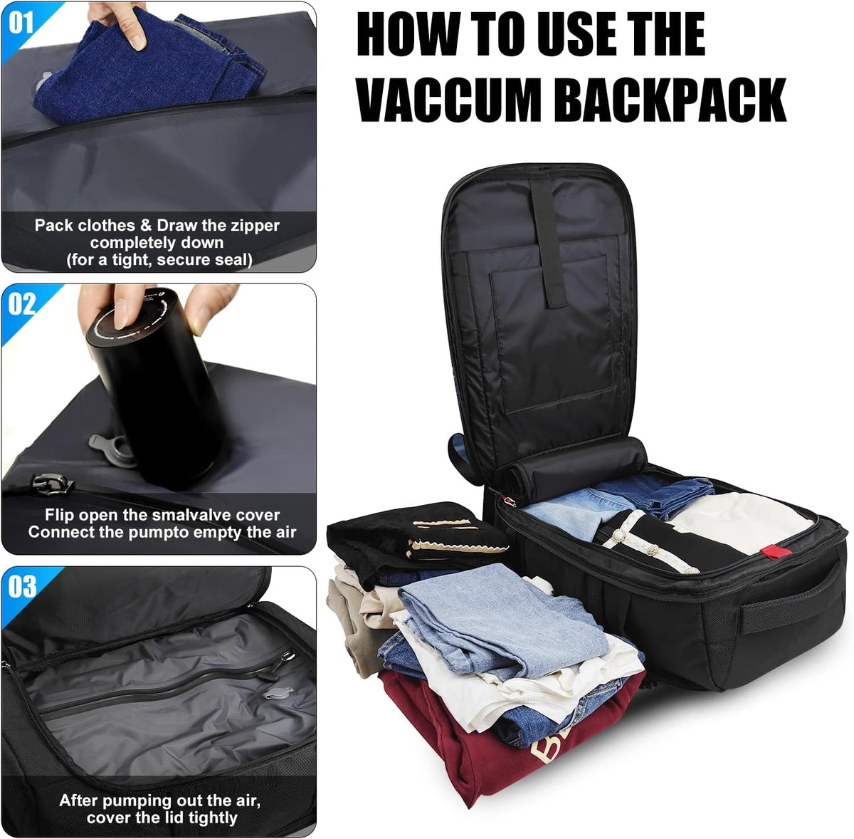 Vacuum Backpack Travel with Pump, 60L Waterproof Carry On Backpack With Detachable Vacuum Bags, Casual Daypack Laptop Backpack For Men Women Fits 17.3' Laptop for Business & Travel Commuting