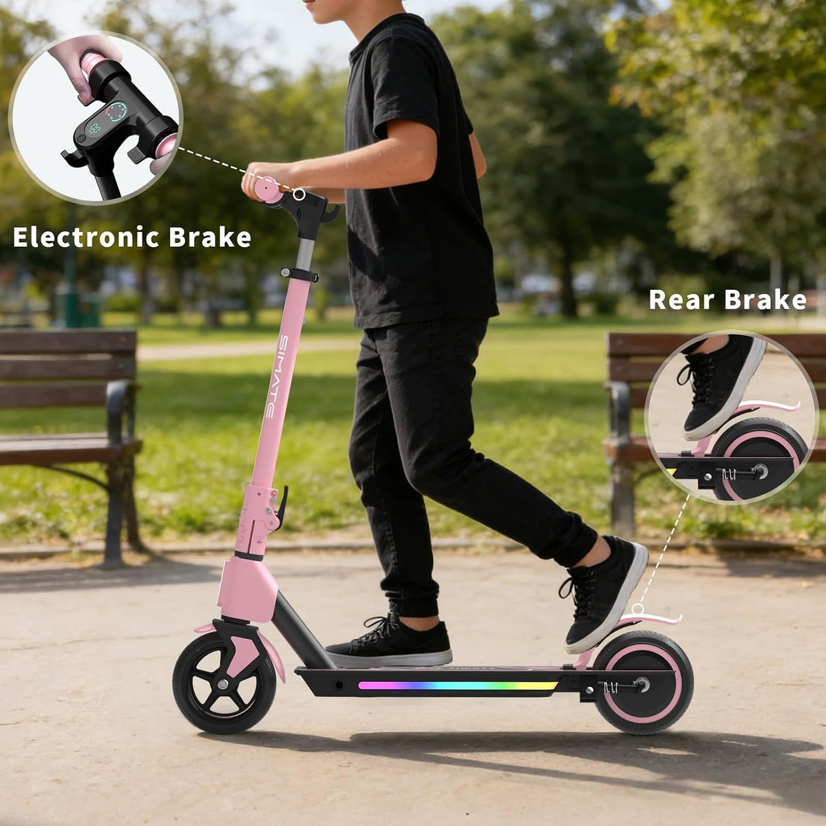 SIMATE Electric Scooter for Kids Ages 6-14, 3 Adjustable Heights 34'/37'/39', LED Display & Colorful Lights, Foldable Kids Electric Scooter, 8.7 MPH Safe Speed, Gifts for Boys Girls