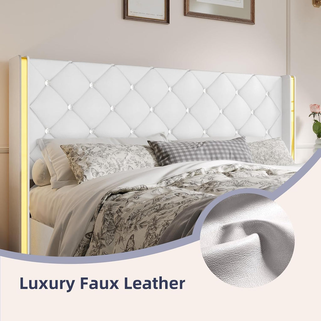 HOMBCK Full Bed Frame with Headboard, PU Leather Platform Bed with Wingback, Modern Bed Frame with Diamond Tufted, No Box Spring Needed, Easy Assembly, White