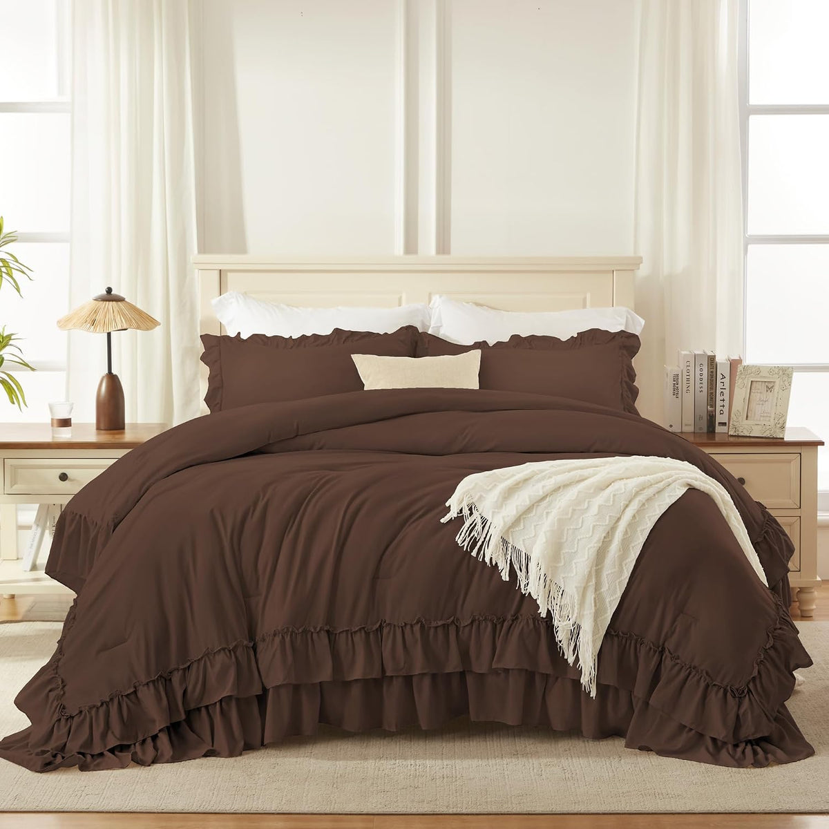 Andency Brown Super King Plus Comforter Set (128x120Inch), 3 Pieces Ruffle Comforter Set with 2 Pillowcases, Farmhouse Shabby Chic Lightweight Fluffy Soft Polyester All Season Bed Set