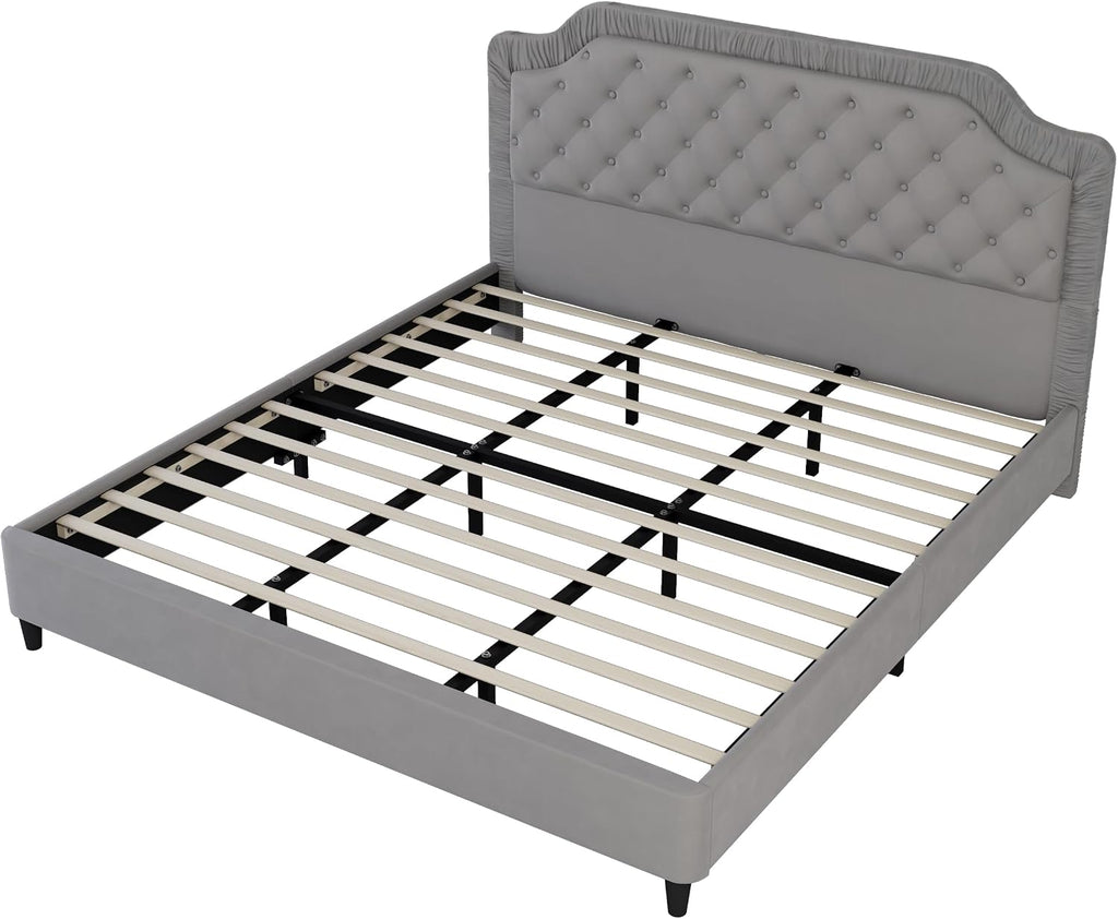 2 Pcs Bedroom Sets King Size Ruched and Button Tufted Velvet Upholstered Bed e with Storage Ottoman Bench, Gray