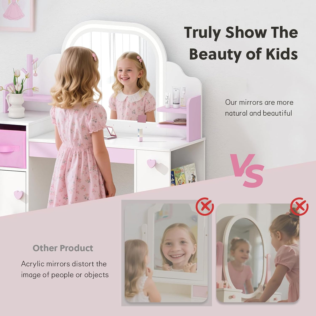 Frogprin Kids Vanity with Lights and Chair, Princess Makeup Vanity Desk with Mirror Bookshelf Storage Cabinet,3 in 1 Toddler Vanity Table Makeup Dressing Table, Pretend Play Vanity Set for Little Girl