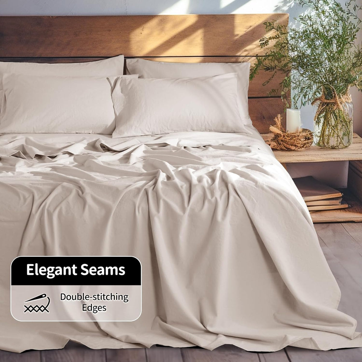 LBRO2M 100% Pure Linen Sheet Set Deep Pocket Up to 16' Bed Sheets Sets, Natural Flax Beddings Soft, Breathable, Comfortable for All Seasons 6 Pcs Sheet Set Queen Size, Linen