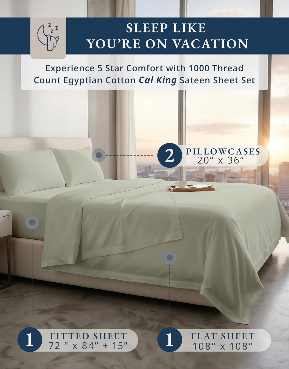LANE LINEN 100% Egyptian Cotton Bed Sheets sábanas California King - 1000 Thread Count, Soft & Comfy Thick Bedding Sheets & Pillowcase Set, Machine Wash 15' Deep Pocket Cal King Sheet Set -Mineral