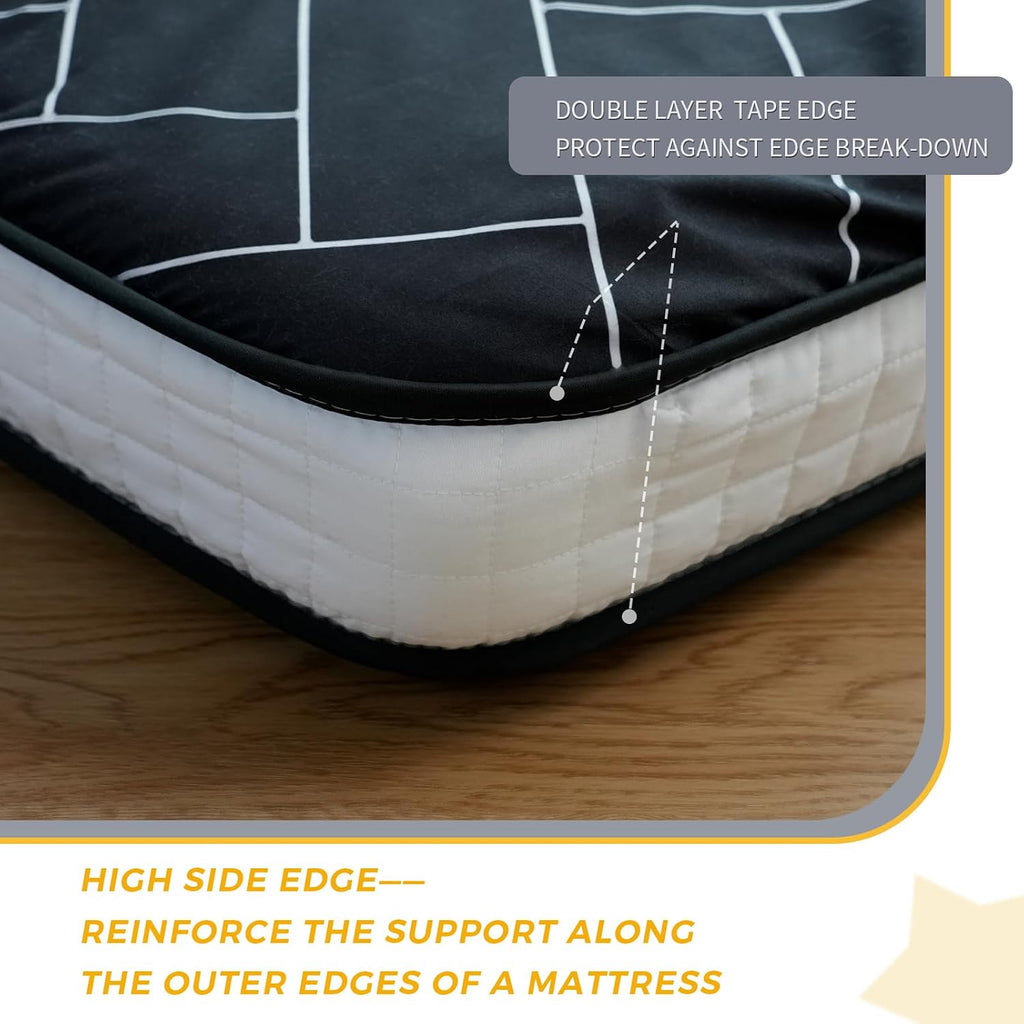 MAXYOYO Black Geometric Pattern Futon Mattress, Japanese Floor Mattress Quilted Mattress Topper, Extra Thick Folding Sleeping Pad Breathable Floor Lounger Guest Couch for Camping, Full