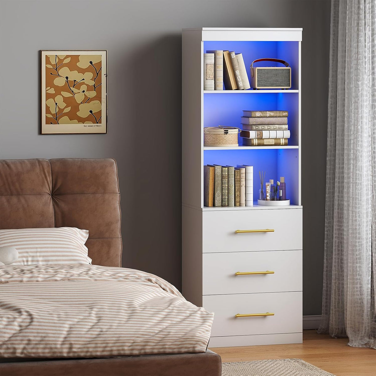 Winkalon 71'H White Bookshelf with LED Light, Bookcase and Bookshelf with Drawers, Tall Bookcase Tall Storage Cabinet 3-Tier Open Shelves for Home Office Living Room Hallway, 13.8'D x 23.6'W x 70.9'H