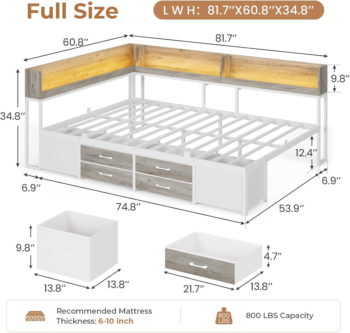 VIAGDO Corner Bed Frame Full with Storage Bookcase and 6 Drawers, Metal Platform Corner Bed Frame with LED Lights and Charging Station, Full Daybed for Kids Teenagers, White & Grey