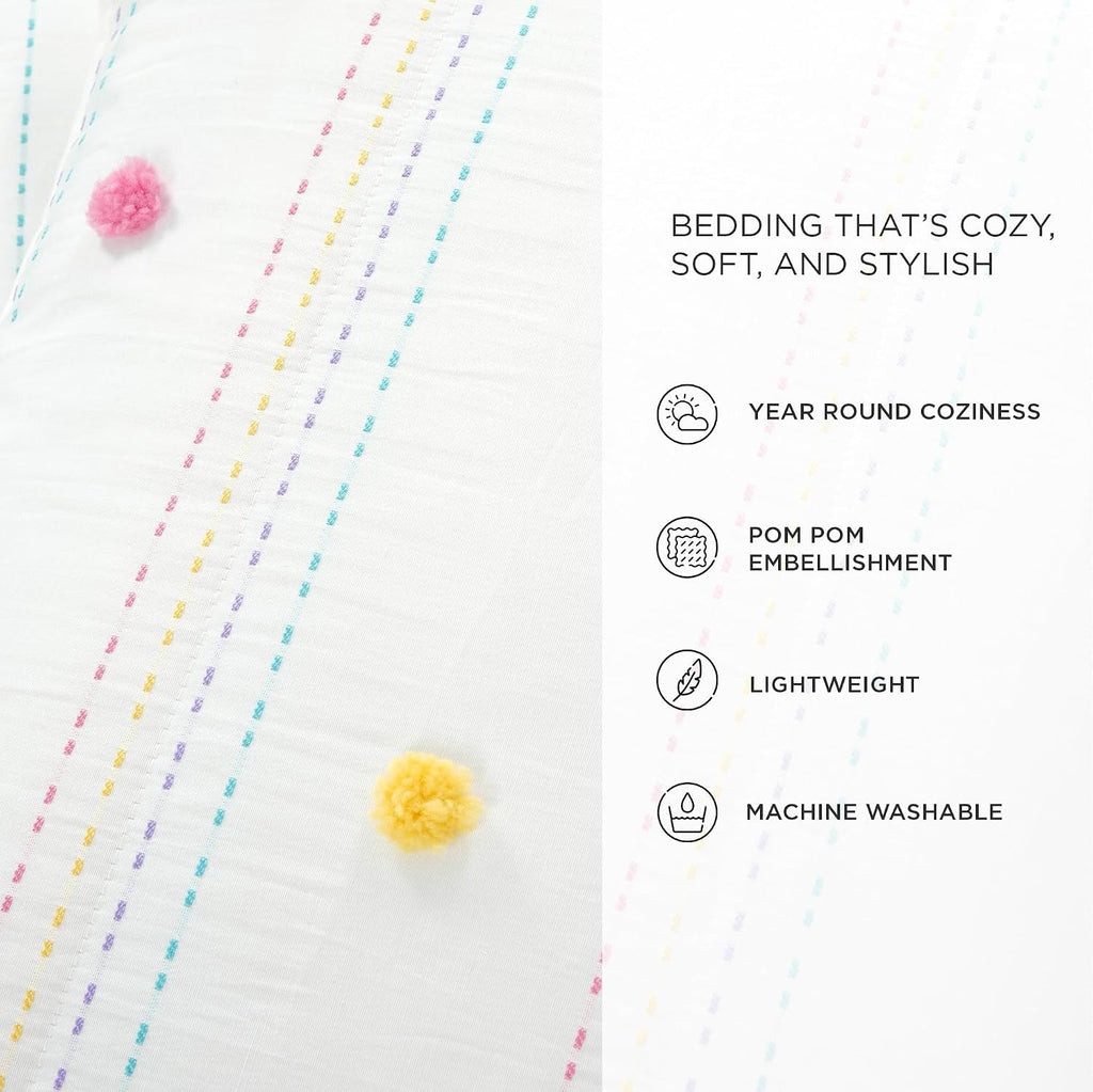Lush Decor Rainbow Pom Pom and Stripes Quilt Set, 3 Piece Set, Full/Queen, White & Rainbow - Fun & Colorful Kids Bedding Set - Rainbow Quilt for Teen Dorm Decor - Striped Quilt - Girls Bedroom Decor