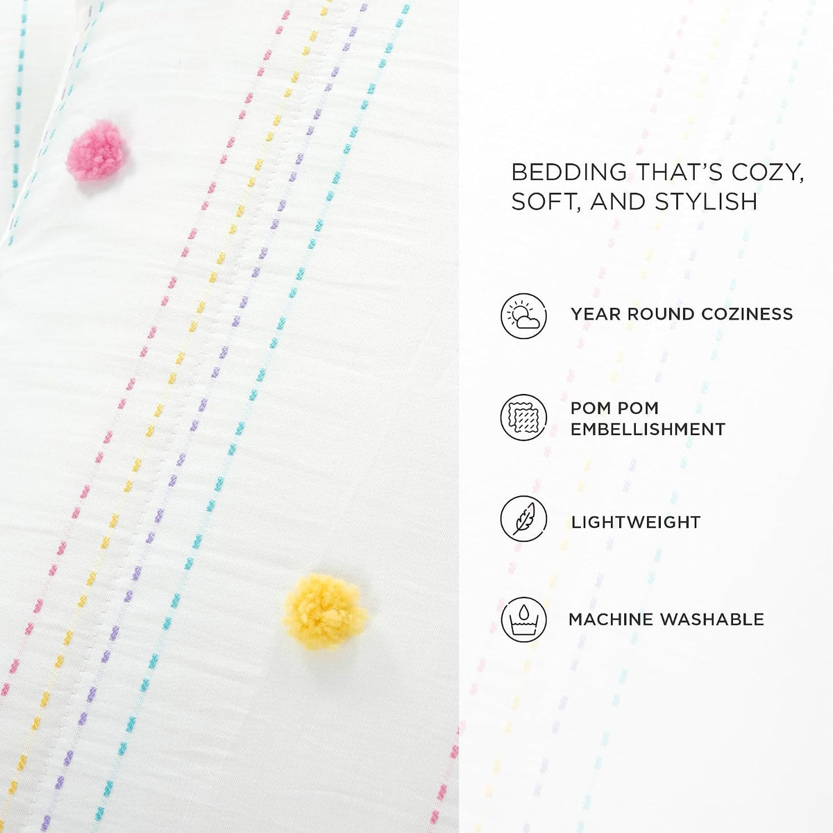 Lush Decor Rainbow Pom Pom and Stripes Quilt Set, 3 Piece Set, Full/Queen, White & Rainbow - Fun & Colorful Kids Bedding Set - Rainbow Quilt for Teen Dorm Decor - Striped Quilt - Girls Bedroom Decor