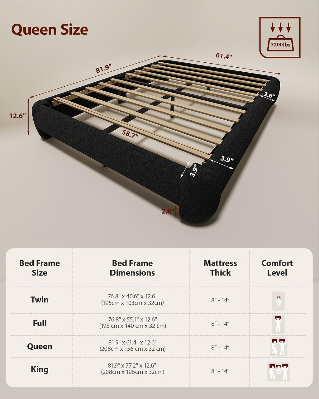 Cloud Platform Bed Frame Queen Size, Soft Boucle Bed Frame with Round Corner, Upholstered Queen Bed Frame with Heavy Duty Wood Slat, No Box Spring Needed, Easy Assembly, Black