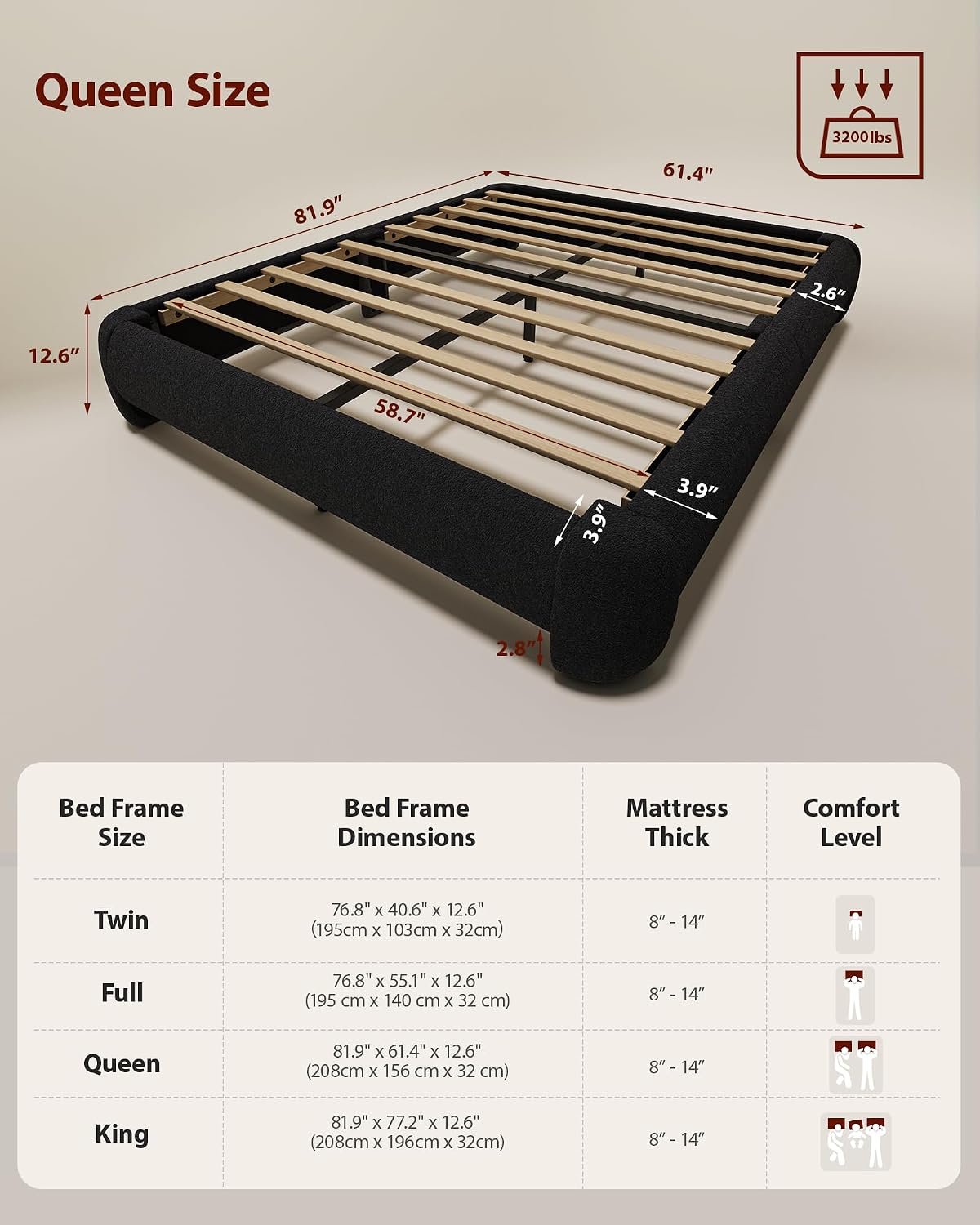 Cloud Platform Bed Frame Queen Size, Soft Boucle Bed Frame with Round Corner, Upholstered Queen Bed Frame with Heavy Duty Wood Slat, No Box Spring Needed, Easy Assembly, Black
