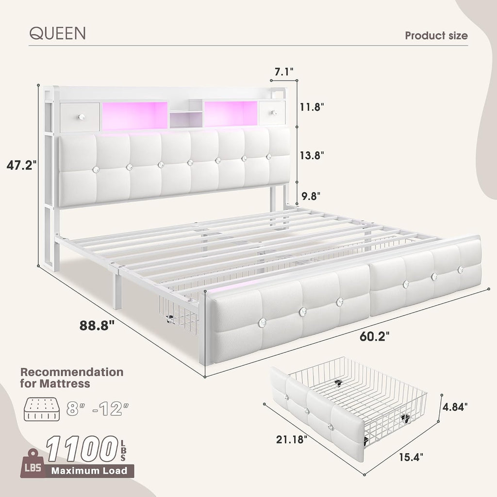 Homkdom Queen Bed Frame with 4 Drawers and Diamond-Tufted Upholstered Storage Headboard,LED Lights & Charging Station,1100 LBS Heavy Duty,No Box Spring Needed,Modern White