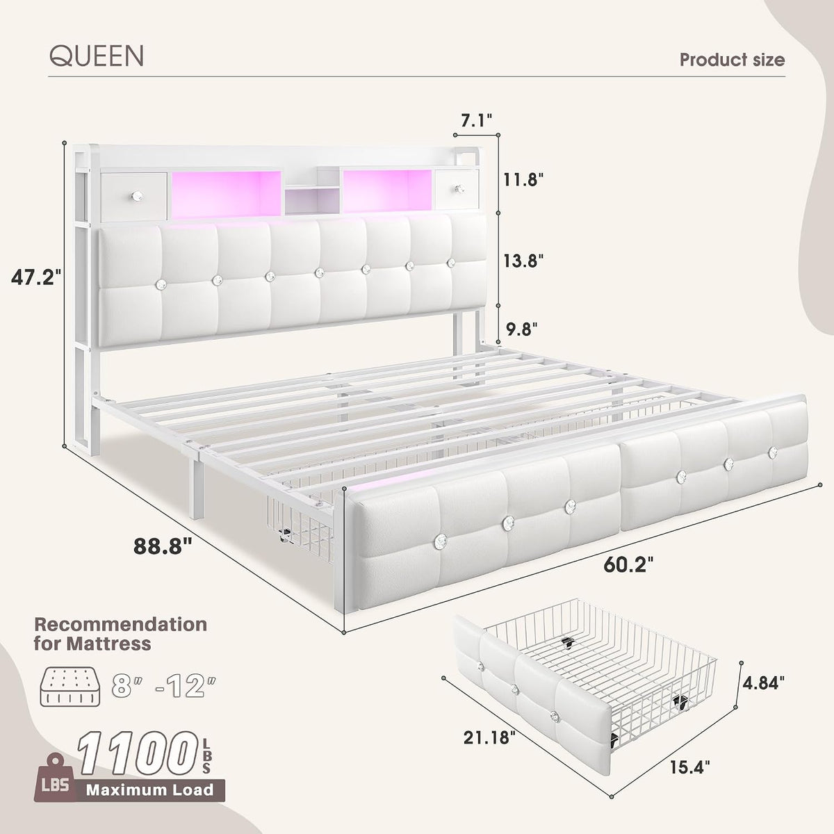 Homkdom Queen Bed Frame with 4 Drawers and Diamond-Tufted Upholstered Storage Headboard,LED Lights & Charging Station,1100 LBS Heavy Duty,No Box Spring Needed,Modern White